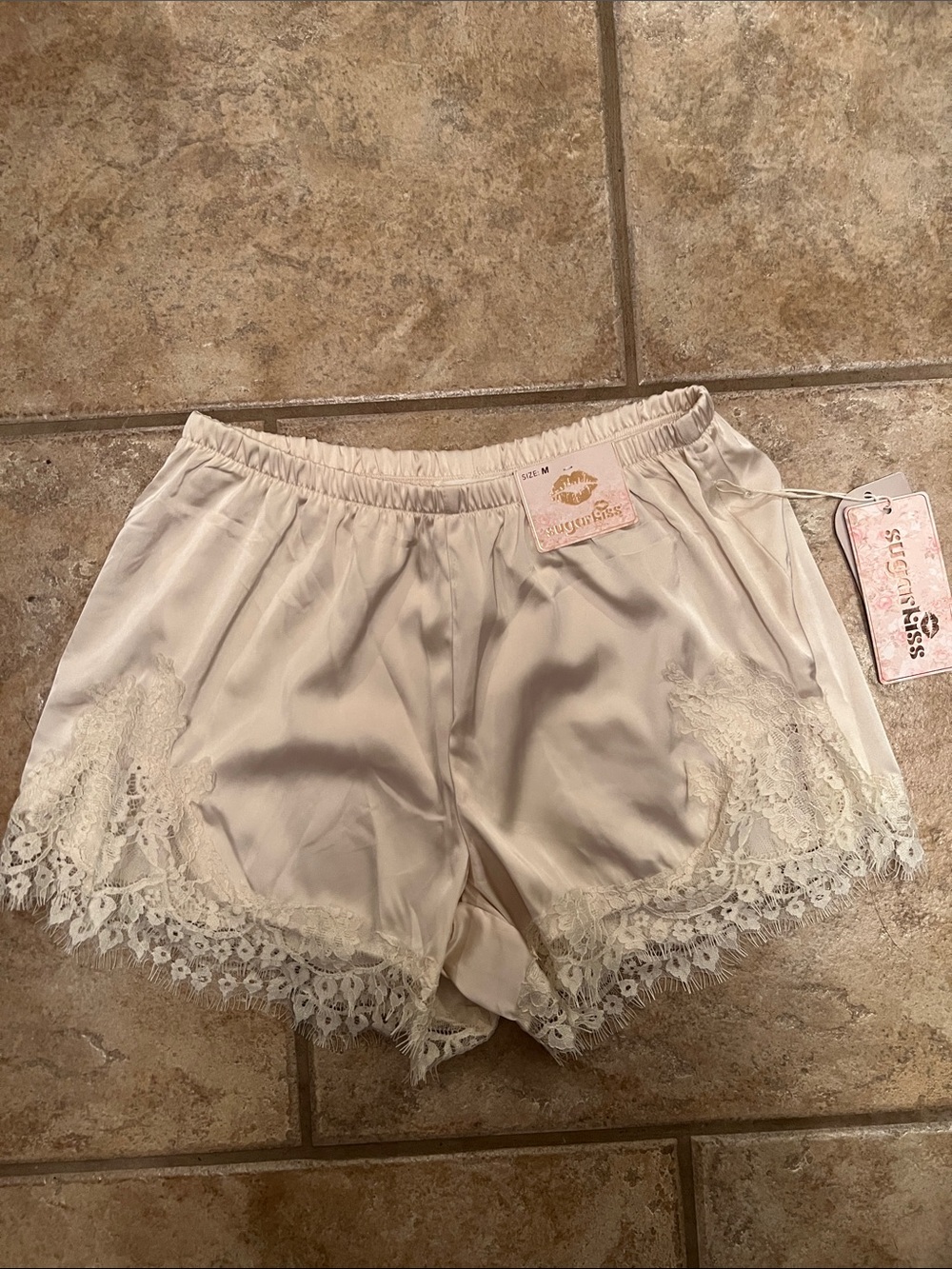 SugarkissChampagne Satin Lace-Trim Sleep Shorts